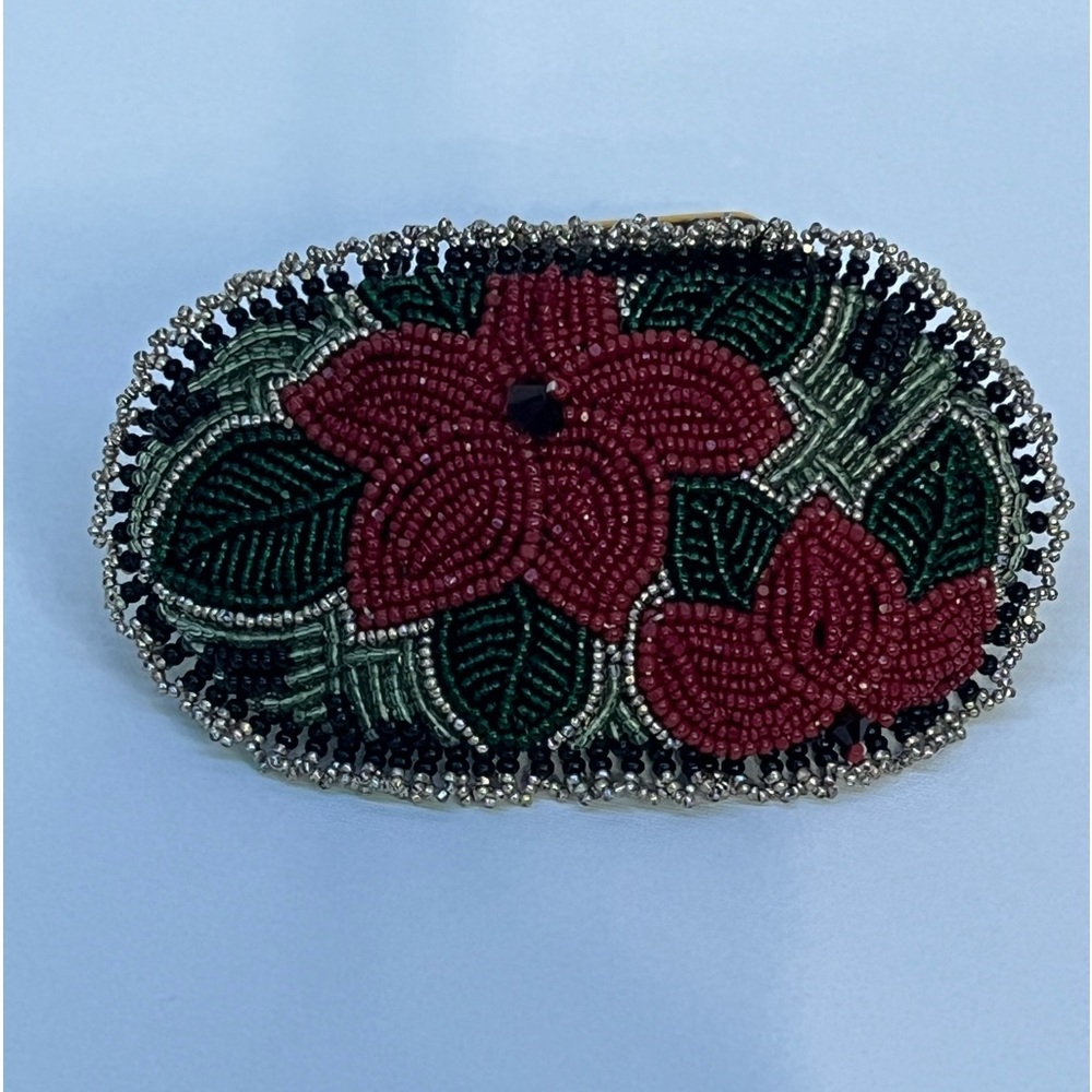 Handmade Alaska Native Beaded Barrette with beautiful dark red and greens